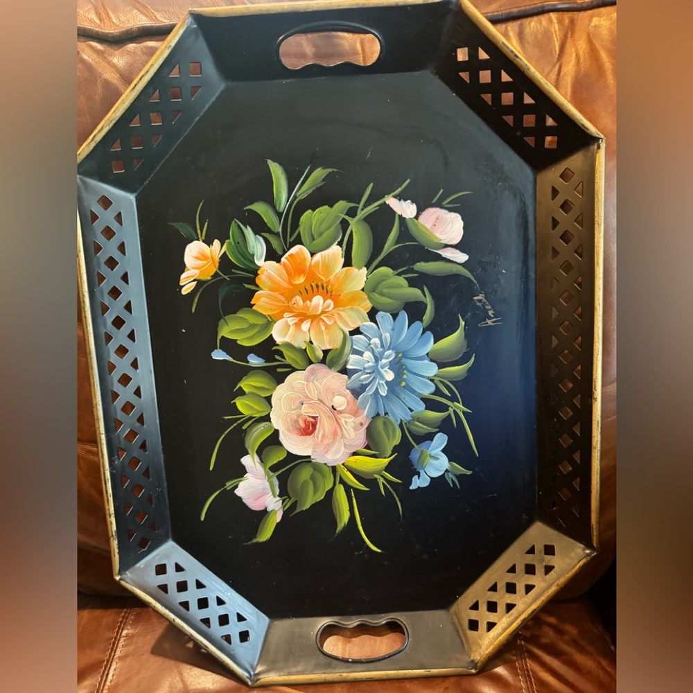 Nashco Hand Painted Tole Metal Tray Vintage Signed USA Grandma Core